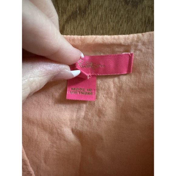 Lilly Pulitzer Astara Top Peach Flamingo Orange Palm Tree Eyelet Pom-Poms XXS - Picture 4 of 10